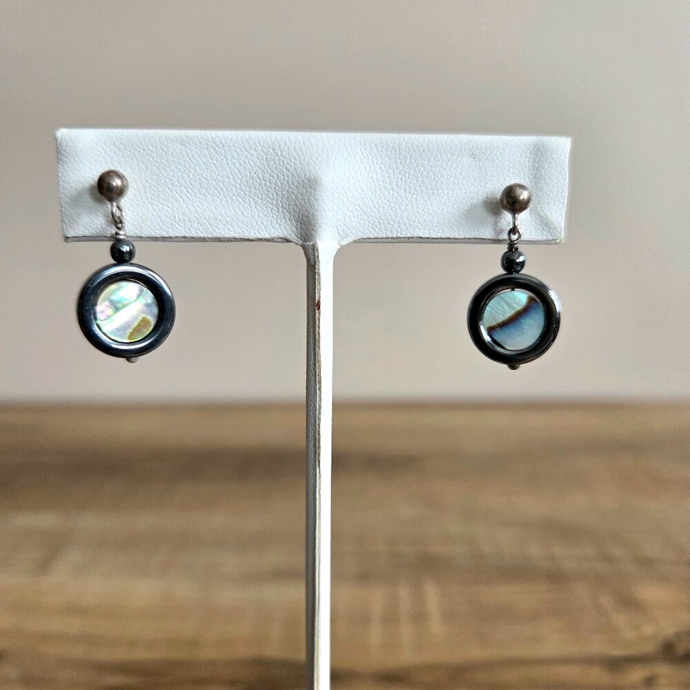 Hand made Hematite and Abalone shell dangling earrings w/silver studs. - Picture 5 of 6
